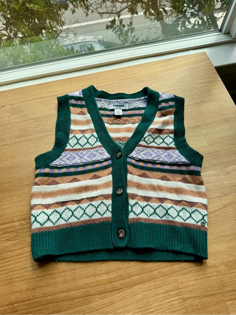 Knit Button Vest Forest Green Purple Brown Patterned Collegiate Grandpa Preppy